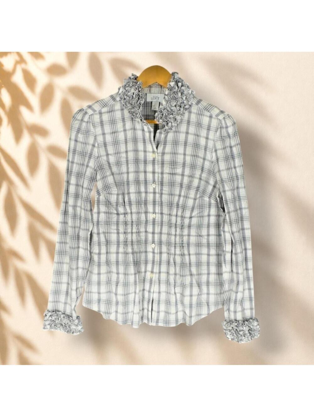 Loft Shirt Women 8 Gray Plaid Button Up Collared Long Sleeve Ruffle Cotton